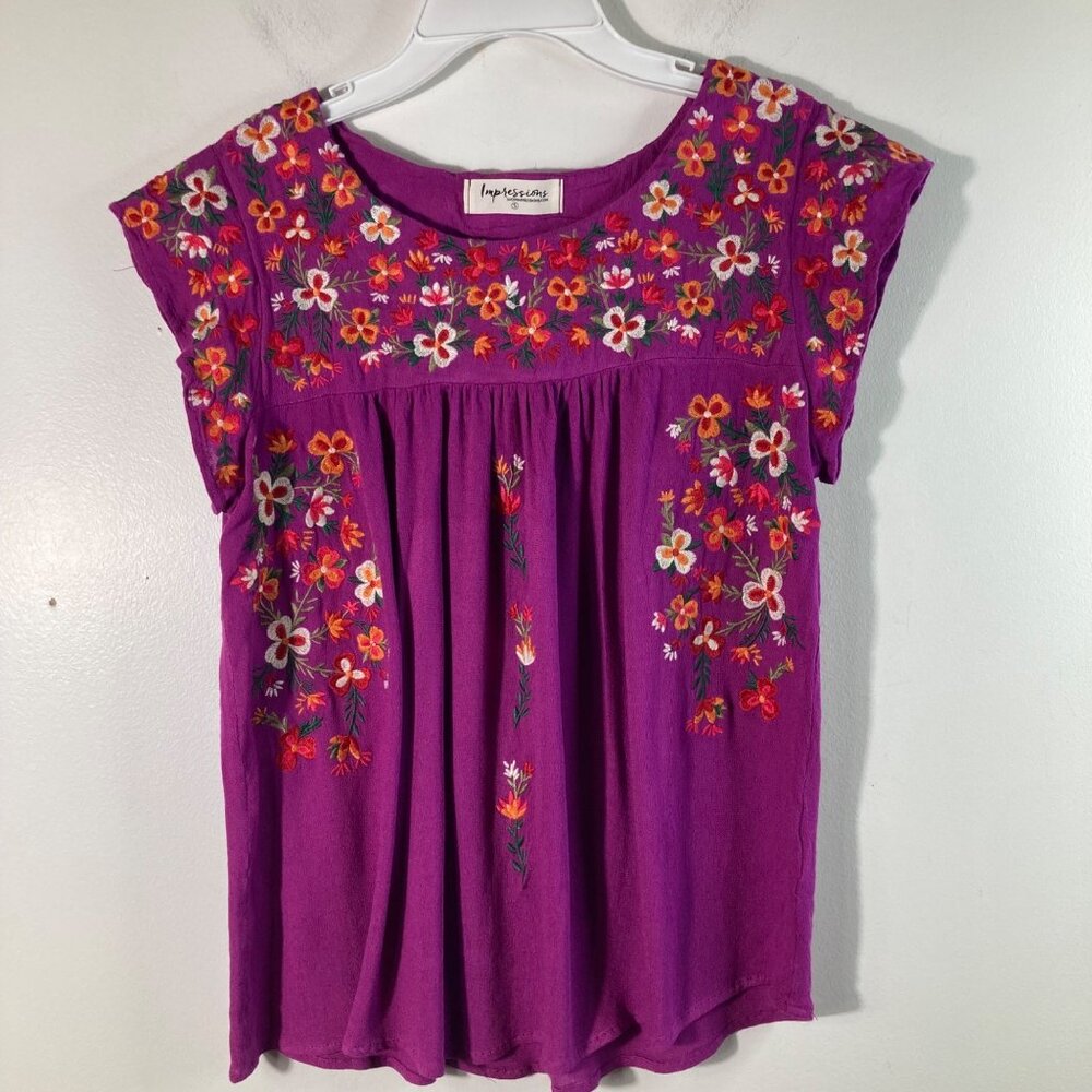Womens Impressions Cap Sleeve Embroidered Tunic Magentaโ Pink S Rayon